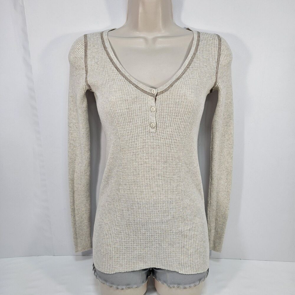 Y2K Moda International Oatmeal Thermal Henley Top Ribbed Fitted S Elena Gilbert